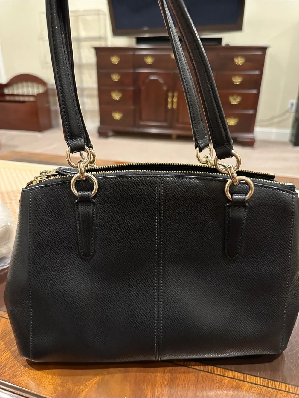 Coach Christie CarryAll Handbag in Black Pebble Grain Leather Double Zip Top EUC